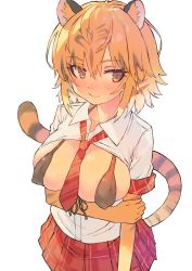 Rule 34 | 1girl, animal ear fluff, animal ears, bikini, bikini top only, black bikini, blonde hair, breasts, breasts out, brown eyes, commentary request, cowboy shot, hair between eyes, highres, kemono friends, large breasts, looking at viewer, miniskirt, necktie, plaid, plaid skirt, pleated skirt, red necktie, red skirt, shirt, short hair, short sleeves, simple background, skirt, smile, solo, standing, striped necktie, striped neckwear, sweat, swimsuit, tail, tiger (kemono friends), tiger ears, tiger tail, tsukeo, white background, white shirt