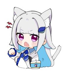 Rule 34 | 1girl, :o, animal ear fluff, animal ears, armband, blue hair, blush stickers, cat ears, cat girl, cat tail, chibi, collared jacket, commentary, cropped torso, fang, frilled sleeves, frills, grey hair, hair ornament, highres, jacket, kemonomimi mode, lightning bolt symbol, lize helesta, lize helesta (1st costume), long hair, long sleeves, looking at viewer, multicolored hair, nijisanji, nozo (hitomiz), open mouth, paw pose, purple eyes, safety pin, simple background, sleeves past wrists, solo, tail, two-tone hair, upper body, very long hair, virtual youtuber, white background, white jacket