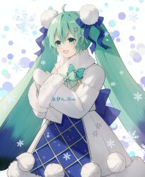 Rule 34 | 1girl, ahoge, aqua eyes, aqua hair, back bow, blue bow, blue ribbon, blush, bow, commentary, diagonal-striped bow, fur-trimmed sleeves, fur trim, gloves, green bow, hair between eyes, hair ornament, hair ribbon, hands up, hatsune miku, highres, ihoku nina, jacket, long hair, long sleeves, looking to the side, open mouth, own hands together, ribbon, skirt, smile, snowflakes, solo, standing, twintails, upper body, very long hair, vocaloid, white gloves, white jacket, white skirt