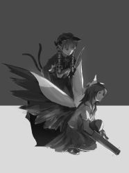 Rule 34 | 2girls, ;d, absurdres, animal ears, arm cannon, bird wings, bow, braid, cape, cat ears, cat tail, closed mouth, collared shirt, commentary, dress, extra ears, feathered wings, greyscale, hair bow, highres, kaenbyou rin, kneeling, long hair, long sleeves, looking at another, looking down, looking up, monochrome, multiple girls, multiple tails, neck ribbon, one eye closed, open mouth, parted bangs, pointy ears, puffy short sleeves, puffy sleeves, reiuji utsuho, ribbon, saltlaver, shirt, short sleeves, skirt, smile, tail, third eye, touhou, twin braids, two tails, weapon, wings
