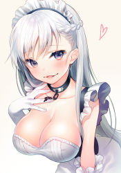 Rule 34 | 1girl, apron, asagi yuna, azur lane, belfast (azur lane), blush, breasts, chain, cleavage, collar, collarbone, frilled apron, frills, gloves, grey background, hair between eyes, half updo, heart, highres, large breasts, leaning forward, long hair, looking at viewer, parted lips, purple eyes, silver hair, simple background, smile, solo, upper body, white gloves