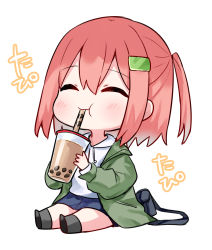 Rule 34 | 1girl, :t, ^ ^, bag, black footwear, blue skirt, blush, bubble tea, chibi, chiune (yachi), closed eyes, closed mouth, cup, denim, denim skirt, disposable cup, drawstring, drinking, drinking straw, facing viewer, fujikawa tsumugu, full body, green jacket, grey socks, hair between eyes, hair ornament, hairclip, highres, holding, holding cup, hood, hood down, hoodie, jacket, long sleeves, one side up, open clothes, open jacket, orange hair, shoe soles, shoes, simple background, sitting, skirt, socks, solo, tsumugu otome to taishou no tsuki, white background, white hoodie