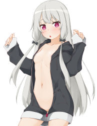Rule 34 | 10s, 1girl, black jacket, blush, breasts, coat, collarbone, commentary request, grey hair, hair ornament, hands up, hinata masaki, hood, hood down, hooded jacket, jacket, long hair, long sleeves, looking at viewer, naked coat, navel, no bra, open clothes, open jacket, parted lips, pinching sleeves, red eyes, simple background, sleeves past wrists, small breasts, solo, sophie twilight, standing, tonari no kyuuketsuki-san, very long hair, white background