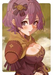 Rule 34 | 1girl, alternate breast size, bernadetta von varley, blush, bow, breasts, cleavage, cleavage cutout, clothing cutout, earrings, epaulettes, fire emblem, fire emblem: three houses, gbbgb321, grey eyes, hair bow, hair ornament, highres, jewelry, large breasts, long sleeves, looking at viewer, nintendo, open mouth, parted lips, purple hair, shiny skin, short hair, solo, tassel, tassel earrings