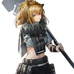 Rule 34 | 1girl, animal ears, arknights, arm strap, asymmetrical sleeves, belt, black belt, black gloves, black pants, blonde hair, blue shirt, breasts, closed mouth, commentary, cowboy shot, explosive, expressionless, gloves, grenade, hair between eyes, hammer, highres, holding, holding weapon, jia redian ruzi ruzi, lion ears, lion girl, looking at viewer, medium breasts, medium hair, midriff, mismatched sleeves, navel, official alternate costume, over shoulder, pants, ponytail, shirt, siege (arknights), siege (city destroyer) (arknights), simple background, single glove, sledgehammer, solo, standing, tactical clothes, turtleneck, weapon, weapon over shoulder, white background, wristband, yellow eyes