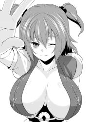 Rule 34 | 1girl, breasts, breasts apart, cleavage, female focus, greyscale, hair bobbles, hair ornament, huge breasts, monochrome, one eye closed, onozuka komachi, soba (saz), solo, touhou, twintails, two side up, wink