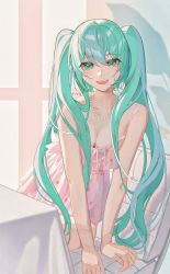 Rule 34 | 1girl, :d, arm support, bare arms, bare shoulders, breasts, cleavage, collarbone, commentary request, dress, food print, green eyes, green hair, hair between eyes, hatsune miku, highres, jewelry, long hair, looking at viewer, medium breasts, necklace, open mouth, pearl necklace, pink dress, print dress, shiliuyelitouchilingshi, sleeveless, sleeveless dress, smile, solo, strawberry print, teeth, twintails, upper teeth only, very long hair, vocaloid