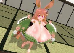 Rule 34 | 1girl, 3d, animal ears, areola slip, breasts, breasts out, brown hair, bursting breasts, cleavage, gigantic breasts, happy, japanese clothes, kimono, long hair, long sleeves, looking at viewer, oppai loli, original, rabbit ears, solo, standing