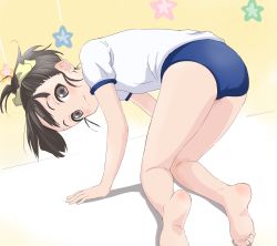 Rule 34 | 1girl, all fours, ass, bare legs, barefoot, bow, buruma, child, closed mouth, feet, female focus, hair bow, looking at viewer, looking back, love r, magical yumina, shirt, short sleeves, sincos, smile, soles, solo, star (symbol), starry background, toes, white shirt
