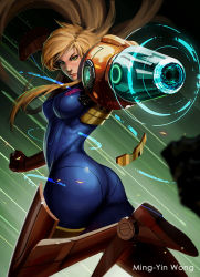 Rule 34 | 1girl, aiming, aiming at viewer, alternate hairstyle, arm cannon, armor, artist name, ass, blonde hair, bodysuit, breasts, damaged, emblem, artistic error, female focus, floating hair, from side, green eyes, hair down, jumping, lagunis, large breasts, leg lift, long hair, looking at viewer, looking back, md5 mismatch, metroid, ming-yin wong, nintendo, outstretched arm, ponytail, power armor, resized, resolution mismatch, samus aran, serious, solo, source smaller, upscaled, varia suit, weapon, zero suit