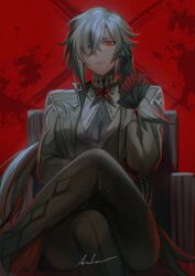 Rule 34 | 1girl, absurdres, arlecchino (genshin impact), black pants, coat, commentary, crossed legs, genshin impact, grey coat, grey hair, grey shirt, highres, long hair, long sleeves, looking at viewer, pants, red background, shirt, simple background, sitting, solo, tomodurien, very long hair