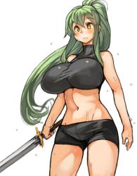 Rule 34 | 1girl, bike shorts, blush, breasts, female focus, green hair, large breasts, long hair, navel, original, sachito, simple background, solo, sumi-chan (sachito), sweat, sword, weapon, white background, yellow eyes