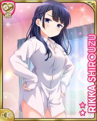 Rule 34 | 1girl, angry, bare legs, barefoot, bedroom, black hair, blush, bottomless, braid, breasts, card (medium), character name, closed mouth, girlfriend (kari), hands on own hips, indoors, long hair, medium hair, no pants, official art, purple eyes, qp:flapper, shirouzu rikka, shirt, small breasts, solo, standing, tagme, uneven bangs, white shirt