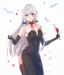 Rule 34 | 1girl, aged up, black bow, black dress, black gloves, black thighhighs, blush, bow, choker, collarbone, cup, dress, drinking glass, elbow gloves, evening gown, gloves, hair bow, highres, holding, holding cup, killy doodle, long hair, looking at viewer, parted lips, red eyes, side slit, silver hair, sleeveless, sleeveless dress, solo, sophie twilight, standing, strapless, strapless dress, thighhighs, tonari no kyuuketsuki-san, very long hair, white background, wine glass