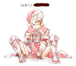 Rule 34 | 10s, 1boy, :q, androgynous, armor, blush, christmas, cleric (dragon nest), cum, dragon nest, hair over one eye, hat, maishi, male focus, masturbation, santa hat, silver hair, solo, spread legs, sweat, tongue, tongue out, white background