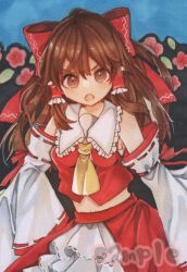 Rule 34 | 1girl, ascot, bow, detached sleeves, frilled bow, frilled hair tubes, frills, hair bow, hair tubes, hakurei reimu, marker (medium), monji (monzi328), open mouth, red bow, red skirt, ribbon-trimmed sleeves, ribbon trim, skirt, skirt set, solo, touhou, traditional media, yellow ascot