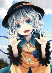 Rule 34 | 1girl, blue sky, bow, cloud, day, grey eyes, hat, hat bow, komeiji koishi, kurona, long sleeves, looking at viewer, md5 mismatch, open mouth, shirt, silver hair, skirt, sky, smile, solo, touhou, wide sleeves