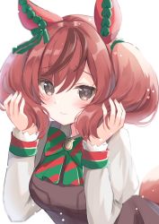 Rule 34 | 1girl, animal ears, black dress, blush, bow, bowtie, brown eyes, brown hair, closed mouth, dress, hamico, highres, holding, holding own hair, horse ears, horse girl, horse tail, juliet sleeves, long hair, long sleeves, multicolored hair, nice nature (umamusume), puffy sleeves, red hair, shirt, sleeveless, sleeveless dress, solo, streaked hair, striped bow, striped bowtie, striped clothes, striped neckwear, tail, twintails, umamusume, white shirt