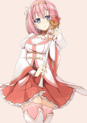 Rule 34 | 1girl, blue eyes, blush, breasts, brown background, brown shirt, closed mouth, flower, hair between eyes, hairband, holding, holding wand, jacket, juliet sleeves, long hair, long sleeves, medium breasts, pink hair, pink thighhighs, pleated skirt, princess connect!, puffy sleeves, red flower, red rose, red skirt, rose, sasakura, shirt, simple background, skirt, sleeves past wrists, smile, solo, split mouth, thighhighs, wand, white jacket, white thighhighs, wide sleeves, yellow hairband, yui (princess connect!)