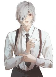 Rule 34 | 1girl, adjusting sleeves, black necktie, black pants, chainsaw man, cigarette, collared shirt, eyepatch, grey hair, hair over shoulder, highres, long hair, looking to the side, necktie, pants, ponytail, quanxi (chainsaw man), shirt, shirt tucked in, simple background, solo, sudstance, suspenders, twitter username, white background, white shirt