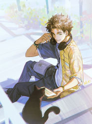 Rule 34 | 1boy, alzi xiaomi, black cat, blurry, book, bracelet, brown hair, cat, claude von riegan, commentary, contemporary, crescent moon, depth of field, earrings, fire emblem, fire emblem: three houses, green eyes, hand up, happy birthday, headphones, highres, jewelry, letter, looking back, male focus, moon, necklace, nintendo, outdoors, pendant, railing, shadow, shoes, short hair, signature, sitting, sitting on stairs, sketch, sneakers, solo, spiked hair, stairs