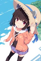 Rule 34 | 1girl, absurdres, black hair, black shirt, black thighhighs, blue ribbon, blue sky, blush, brown hat, brown jacket, casual, cloud, commentary request, day, drawstring, hand on headwear, hand up, hat, hat ribbon, headgear, highres, hood, hood down, hooded jacket, jacket, long sleeves, looking at viewer, masaki (machisora), open clothes, open jacket, outdoors, parted lips, pleated skirt, purple skirt, red eyes, revision, ribbon, shirt, skirt, sky, sleeves past wrists, solo, straw hat, thighhighs, touhoku kiritan, voiceroid