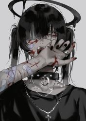 Rule 34 | 1girl, :o, absurdres, abuse, bandage over one eye, bandaid, bandaid on arm, bandaid on face, black hair, black halo, black nails, black shirt, blood, bloodshot eyes, blouse, bruise, casual, collar, commentary, cross, cross necklace, cuts, dark halo, fang, grey background, hair between eyes, halo, highres, injury, jewelry, looking up, melting halo, nail polish, necklace, nia (x x02), o-ring, open mouth, original, ring, scratches, self-harm, shirt, simple background, solo, spiked collar, spikes, teeth, twintails