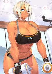 Rule 34 | 1girl, 23 (real xxiii), abs, ahoge, black gloves, black sports bra, blonde hair, blue eyes, blurry, blush, breasts, buruma, choker, cleavage, covered erect nipples, cowboy shot, cross, cross choker, dark-skinned female, dark skin, day, depth of field, dumbbell, exercising, eyes visible through hair, female focus, fingerless gloves, from below, gloves, grey buruma, gym shorts, halterneck, highres, huge breasts, indoors, looking at viewer, midriff, muscular, muscular female, navel, open mouth, original, parted lips, platinum blonde hair, sela (23), short hair, short shorts, shorts, solo, sports bra, standing, strap gap, strapless, sweat, swept bangs, tan, thighs, toned, weights, white neckwear