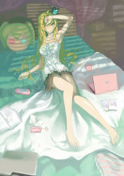 Rule 34 | 10s, 1girl, arm support, armpits, bare legs, barefoot, bed, blonde hair, blue eyes, boku wa tomodachi ga sukunai, book, butterfly hair ornament, casual, computer, earphones, feet, game console, hair ornament, hand on forehead, hand to forehead, handheld game console, highres, kashiwazaki sena, laptop, legs, long hair, long legs, lying, madyy, mouse (computer), on back, one eye closed, open book, playstation 3, playstation portable, shading eyes, solo, thighs, toes, window shadow, wink