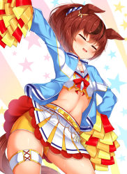 Rule 34 | 1girl, :d, = =, animal ears, arm up, blue jacket, blush, brown hair, commentary request, cowboy shot, crop top, daichi (tokoya), hair between eyes, highres, holding, holding pom poms, horse ears, jacket, long sleeves, looking at viewer, midriff, miniskirt, navel, nice nature (run&amp;win) (umamusume), nice nature (umamusume), open clothes, open jacket, open mouth, pom pom (cheerleading), pom poms, shirt, short hair, short shorts, shorts, shorts under skirt, skirt, smile, solo, standing, star (symbol), stomach, tail, thigh strap, thighs, umamusume, white background, white shirt, white skirt, yellow shorts