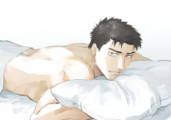 Rule 34 | 1boy, ao isami, bed sheet, black hair, blanket, facial hair, highres, light blush, looking at viewer, lying, male focus, naked sheet, on bed, on stomach, pillow, pov across bed, shy, sideburns stubble, solo, stubble, thick eyebrows, toned, toned male, under covers, yuuki bakuhatsu bang bravern