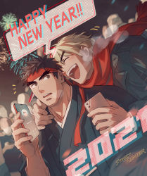 Rule 34 | 2021, 2boys, :d, alternate costume, black hair, black jacket, black kimono, blush, capcom, happy new year, headband, holding, holding phone, jacket, japanese clothes, ken masters, kimono, leaning on person, male focus, mature male, multiple boys, new year, open mouth, phone, red scarf, ryu (street fighter), scarf, short hair, smile, spiked hair, street fighter, street fighter ii (series), thick eyebrows, upper body, yaoi, yuiofire