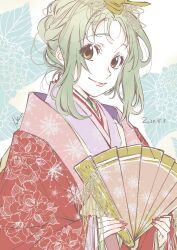 Rule 34 | 1girl, amanchu!, artist name, brown eyes, closed mouth, dated, eyelashes, floral background, floral print, folding fan, forehead, green hair, hand fan, highres, hirabitai, holding, holding fan, itou youko, japanese clothes, karaginu mo, kimono, kohinata hikari, looking at viewer, print kimono, red kimono, red nails, sidelocks, signature, smile, solo, upper body, wide sleeves