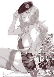 Rule 34 | arm support, bare shoulders, bikini, bikini top only, breasts, cecilia campbell, ge xi, greyscale, hat, head tilt, highres, large breasts, levasol defense corps, long hair, military hat, miniskirt, monochrome, parted lips, pleated skirt, sideboob, skirt, solo, swimsuit, thighhighs, wavy hair, witches in 7th base