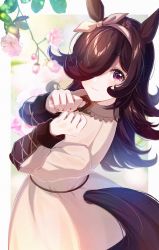 Rule 34 | 1girl, animal ears, brown dress, brown hair, brown hairband, brown ribbon, closed mouth, collared dress, commentary request, dress, flower, hair over one eye, hair ribbon, hairband, hands up, highres, horse ears, horse girl, horse tail, long hair, long sleeves, looking at viewer, looking to the side, pink flower, puffy long sleeves, puffy sleeves, red eyes, ribbon, rice shower (umamusume), satoimo chika, smile, solo, tail, umamusume, very long hair