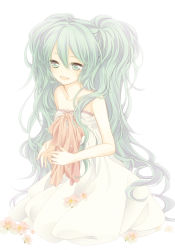 Rule 34 | 1girl, bare shoulders, dress, female focus, flower, green eyes, green hair, hatsune miku, long hair, matching hair/eyes, open mouth, pale color, shiro mayu, simple background, solo, strapless, strapless dress, very long hair, vocaloid, white background