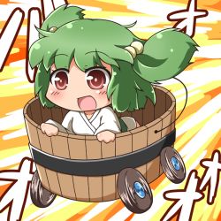 Rule 34 | 1girl, blush, bucket, female focus, green hair, hair bobbles, hair ornament, in bucket, in container, jinnouchi akira, kisume, long sleeves, open mouth, red eyes, short hair, smile, solo, touhou, twintails, wheel, wide sleeves