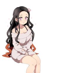 Rule 34 | 1girl, absurdres, alternate costume, bare legs, black bra, black hair, blush, bra, breasts, cleavage, closed mouth, commentary, earrings, hair ribbon, highres, jewelry, kamado nezuko, kimetsu no yaiba, long hair, long sleeves, looking at viewer, medium breasts, multicolored hair, off shoulder, orange hair, pink eyes, pink ribbon, pori (kmt pori), ribbon, simple background, smile, solo, sweater, symbol-only commentary, underwear, white sweater