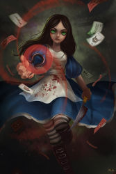 Rule 34 | 1girl, alice: madness returns, alice (alice in wonderland), american mcgee&#039;s alice, american mcgee's alice, apron, aurora rokudo, black hair, blood, boots, breasts, card, closed mouth, commentary, dress, english commentary, green eyes, jewelry, jupiter symbol, knife, long hair, looking at viewer, necklace, official style, pantyhose, puffy sleeves, solo, striped clothes, striped pantyhose