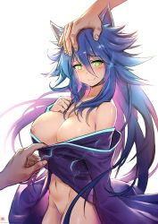 Rule 34 | 1girl, animal ear fluff, animal ears, arm at side, aura, blue electricity, blue hair, blush, breasts, cleavage, closed mouth, clothes pull, electricity, energy, gao (gaolukchup), glowing, gradient hair, groin, hair between eyes, hand on own chest, headpat, highres, japanese clothes, kimono, kimono tug, large breasts, long hair, male hand, messy hair, monster girl, monster girl encyclopedia, monster girl encyclopedia ii, multicolored hair, multiple hands, naked kimono, navel, nipples, no panties, open clothes, open kimono, patreon username, pink hair, purple kimono, raiju (monster girl encyclopedia), revealing clothes, see-through, sidelocks, smile, stomach, very long hair, weasel ears