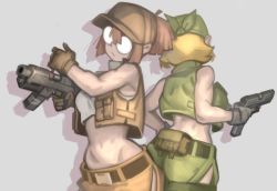 Rule 34 | 2girls, back, bandana, baseball cap, belt, belt buckle, blonde hair, breasts, brown hair, brown headwear, brown shorts, brown vest, buckle, commentary, english commentary, extended magazine, fanny pack, finger on trigger, fio germi, glasses, green headwear, green shorts, green vest, gun, hair tubes, handgun, hat, highres, hip vent, holding, holding gun, holding weapon, kasamoto eri, kelvin hiu, large breasts, machine pistol, medium breasts, metal slug, midriff, military, multiple girls, opaque glasses, open clothes, open vest, pistol, round eyewear, serious, short hair, shorts, sleeveless, snap-fit buckle, stomach, vest, weapon