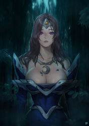 Rule 34 | 1girl, armor, armored dress, arms at sides, bare shoulders, blue dress, blue eyes, breasts, bush, cleavage, cowboy shot, crescent, detached sleeves, dota (series), dota 2, dress, dripping, expressionless, forest, headpiece, highres, instant ip, jewelry, large breasts, lips, long hair, long sleeves, looking at viewer, mirana (dota), nature, necklace, pendant, plant, rain, shoulder pads, signature, solo, tattoo, teeth, water, wet, wet clothes, wet dress, wet hair