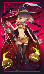 Rule 34 | 1girl, ayanami (azur lane), ayanami (witch in ambush) (azur lane), azur lane, bandage over one eye, bandaged arm, bandages, bat (animal), cape, collarbone, commentary, demon tail, fire, green fire, halloween, hat, highres, holding, holding sword, holding weapon, jack-o&#039;-lantern, leg strap, midriff, miniskirt, misago (525), navel, pumpkin, red eyes, side ponytail, skirt, solo, striped clothes, striped thighhighs, sword, tail, thigh strap, thighhighs, thong, weapon, white hair, witch hat, zettai ryouiki