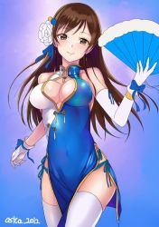 Rule 34 | 10s, 1girl, ashita (2010), bad id, bad twitter id, breasts, brown eyes, brown hair, china dress, chinese clothes, covered navel, dress, elbow gloves, hand fan, folding fan, gloves, idolmaster, idolmaster cinderella girls, long hair, nitta minami, smile, solo, thighhighs