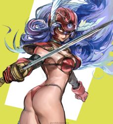 1girl aretokasoretoka armor ass bikini_armor blue_eyes breasts choker commentary_request cowboy_shot curly_hair dragon_quest dragon_quest_iii floating_hair gloves hair_over_one_eye helmet highres holding holding_sword holding_weapon large_breasts looking_at_viewer looking_back purple_hair red_armor red_gloves sideboob smirk soldier_(dq3) solo sword twitter_username weapon winged_helmet