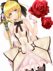 Rule 34 | 1girl, artoria pendragon (fate), bare shoulders, black ribbon, blonde hair, blush, breasts, caliburn (fate), cleavage, detached collar, fate/grand order, fate (series), flower, gloves, green eyes, hair ribbon, highres, maria (maria0304), medium breasts, pantyhose, ribbon, rose, saber (fate), saber lily, smile, solo, white gloves