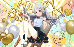 Rule 34 | 1girl, balloon, bare arms, black skirt, closed mouth, collared shirt, cup, dress shirt, earrings, floating hair, game cg, grey hair, grey shirt, hair ornament, happy birthday, heart balloon, holding, jewelry, long hair, miniskirt, pointy ears, red eyes, seven (sao), shirt, skirt, sleeveless, sleeveless shirt, smile, solo, sword art online, teacup, thighhighs, very long hair, white thighhighs, wing collar, zettai ryouiki