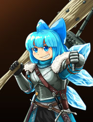 Rule 34 | 1girl, armor, bearer of the curse, blue eyes, blue hair, bow, breastplate, cirno, club (weapon), dark souls (series), dark souls ii, gauntlets, greatsword, highres, holstered, knife, looking at viewer, okema, scarf, short hair, smile, solo, sword, throwing knife, thumbs down, touhou, weapon, wings