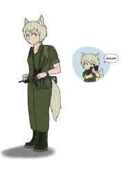 Rule 34 | 1girl, animal ears, boots, green eyes, gun, highres, israel defense forces, non-web source, self-upload, short hair, tail, weapon, wolf ears, wolf girl, wolf tail