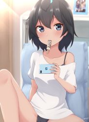 Rule 34 | 1girl, absurdres, artist name, bedroom, black bra, black eyes, black hair, black panties, blurry, blurry background, bra, cellphone, commentary, depth of field, food in mouth, highres, holding, holding phone, indoors, japari symbol, kemono friends, knee up, looking at viewer, mouth hold, no pants, panties, phone, shiraha maru, shirt, short hair, short sleeves, signature, sitting, smartphone, solo, strap slip, superb bird-of-paradise (kemono friends), t-shirt, underwear, white shirt